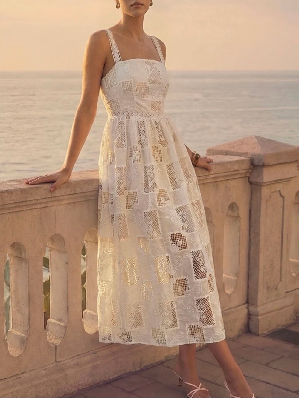 Commense White Embroidered Lace Cotton Blend Midi Maxi Dress Small NWT